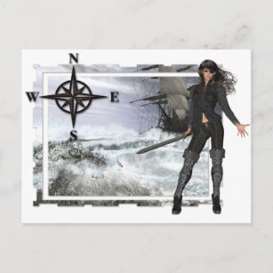 Cartão Postal Mulher Pirata com Designs de Águas Duras