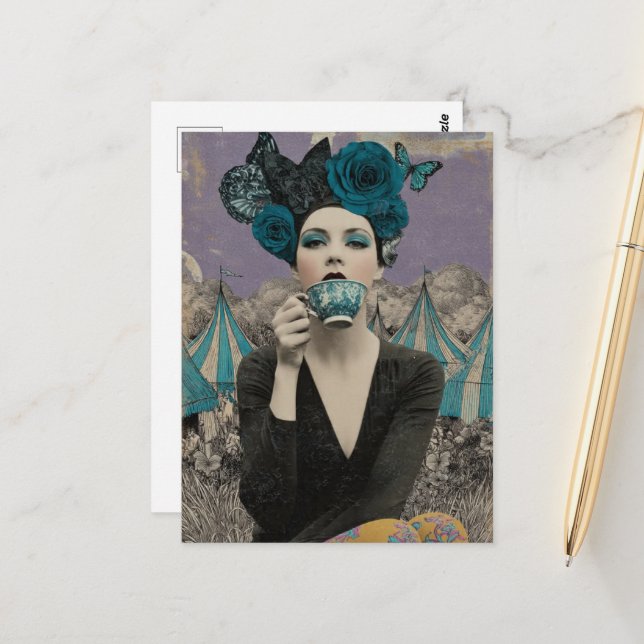 Cartão Postal Mulher Retro Bebe Chá no Circo (Frente/Verso In Situ)