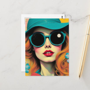 Cartão Postal Mulher retrô com óculos de sol e chapéu combinando