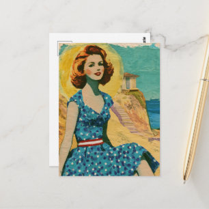 Cartão Postal Mulher Retro em Pontos Azuis Um Dia na Praia