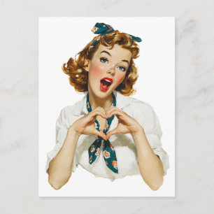 Cartão Postal Mulher Retro Fazendo um Coração com as Mãos