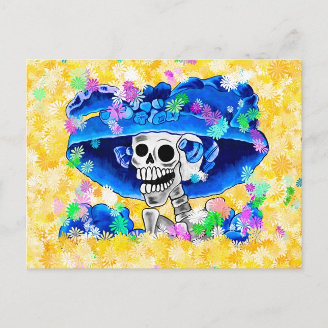 Cartão Postal Mulher Rindo de Skeleton em Blue Bonnet em amarelo (Frente)