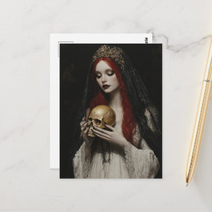 Cartão Postal Mulher Ruiva Linda Com uma Caveira