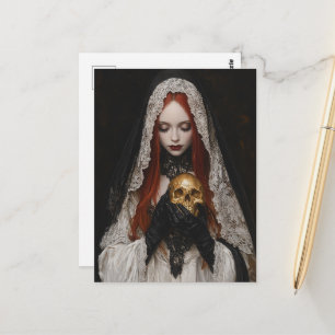 Cartão Postal Mulher Ruiva Linda Com uma Caveira de Ouro