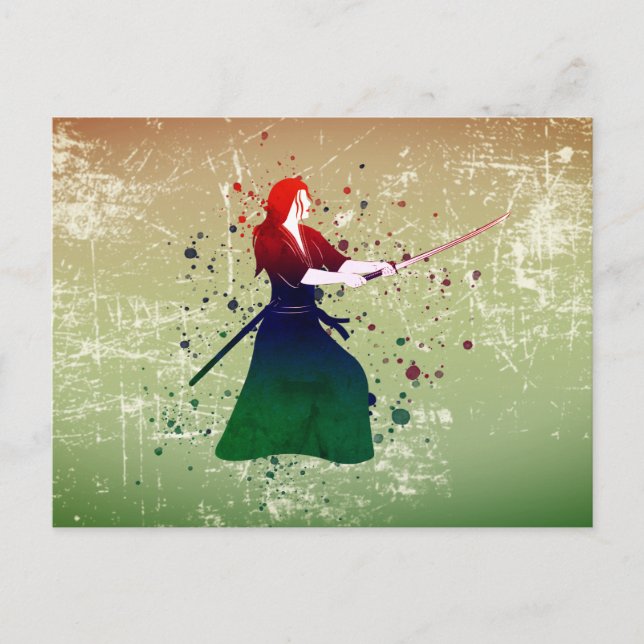Cartão Postal Mulher Samurai Guerreira com Espada (Frente)