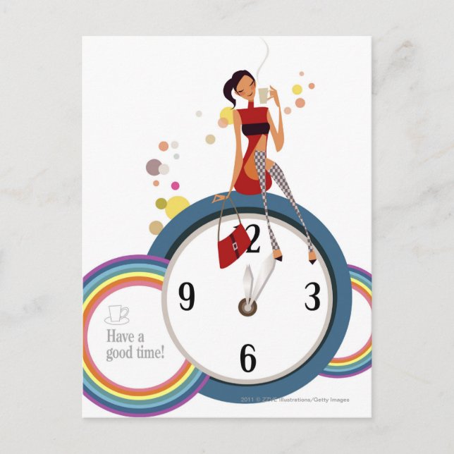 Cartão Postal Mulher sentada no relógio e segurando uma xícara d (Frente)