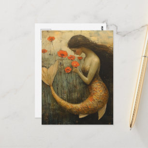 Cartão Postal Mulher Sereia Fantasia Com Flores