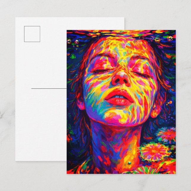 Cartão Postal Mulher Serena Sob Água Cores do Arco-íris Impasto (Frente/Verso)