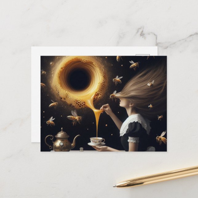 Cartão Postal Mulher surreal e abelhas Manhã Chá e Mel (Frente/Verso In Situ)