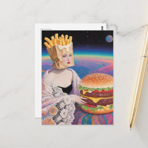 Cartão Postal Mulher Surrealista Batata Frita Chapéu e Hambúrgue