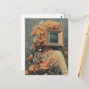 Cartão Postal Mulher Surrealista com cabeça de TV e flores