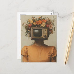 Cartão Postal Mulher Surrealista com cabeça de TV e flores