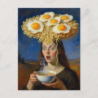 Cartão Postal Mulher Surrealista com Ramen e Ovos no Cérebro