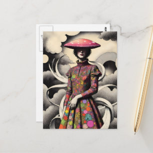 Cartão Postal Mulher Surrealista com um Chapéu de Cogumelo