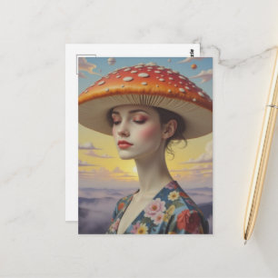 Cartão Postal Mulher Surrealista Com um Chapéu de Cogumelo