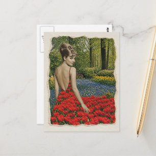 Cartão Postal Mulher Surrealista Retro Seu Vestido Era Tulipas