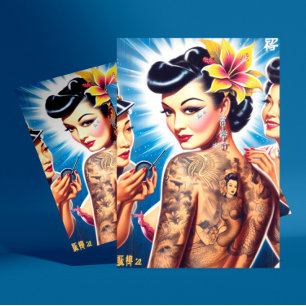 Cartão Postal Mulher Tatuada Oriental Retrô