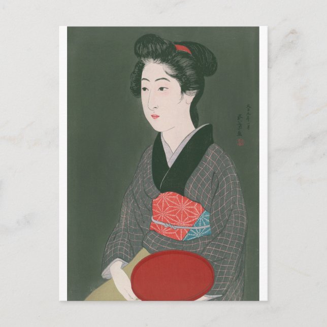 Cartão Postal Mulher ukiyoe [Goyo] com bandeja (Frente)