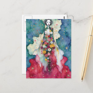 Cartão Postal Mulher Única no Jardim Secreto Tintas Misturadas