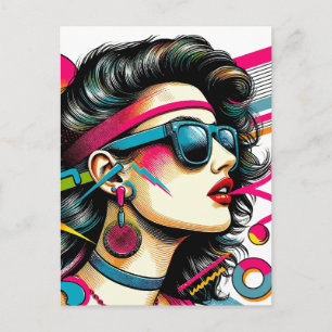 Cartão Postal Mulher usando óculos de sol arte pop colorida