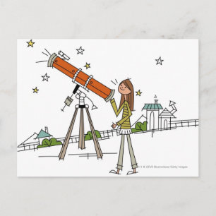 Cartão Postal Mulher usando telescópio astronômico