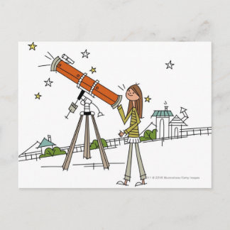 Cartão Postal Mulher usando telescópio astronômico