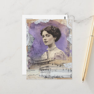 Cartão Postal Mulher Vintage Colagem Mídia Mista Partitura Music