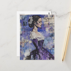 Cartão Postal Mulher Vintage Colagem Mídia Mista Roxa