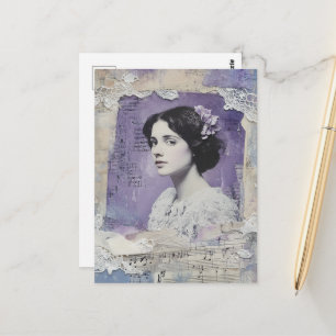 Cartão Postal Mulher Vintage Colagem Partitura em Roxo