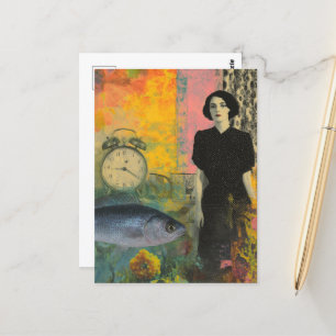 Cartão Postal Mulher Vintage Com Coloração Colorida De Peixes