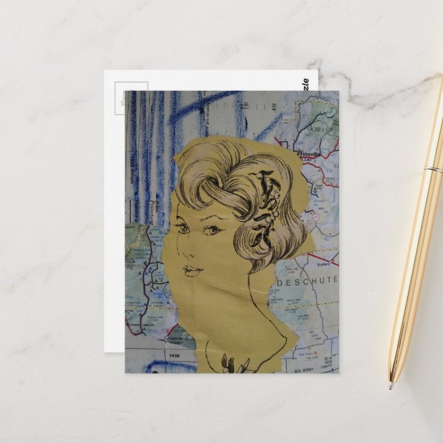 Cartão Postal Mulher Vintage e Mapa Mídia Mista (Frente/Verso In Situ)