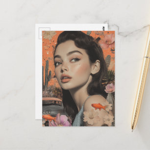 Cartão Postal Mulher Vintage no Deserto com Surrealismo de Peixe
