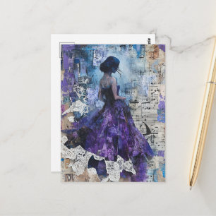 Cartão Postal Mulher Vintage Vestido Roxo Colagem Mídia Mista