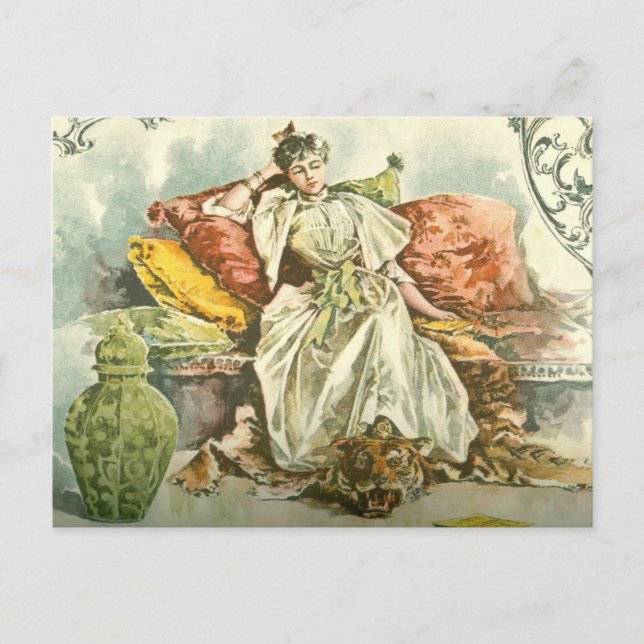 Cartão Postal Mulher vitoriana com livro, de uma revista de 1891 (Frente)