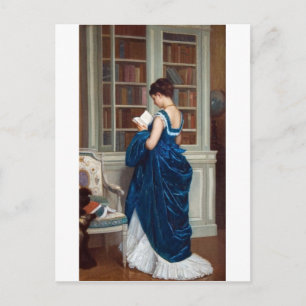 Cartão Postal Mulher Vitoriana Elegante Lendo na Biblioteca