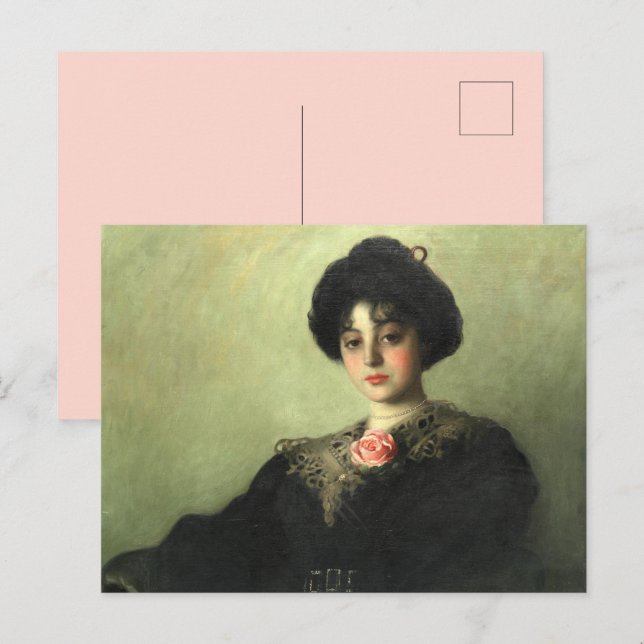 Cartão Postal Mulher Vitoriana Gibson com vestido preto de rosa (Frente/Verso)