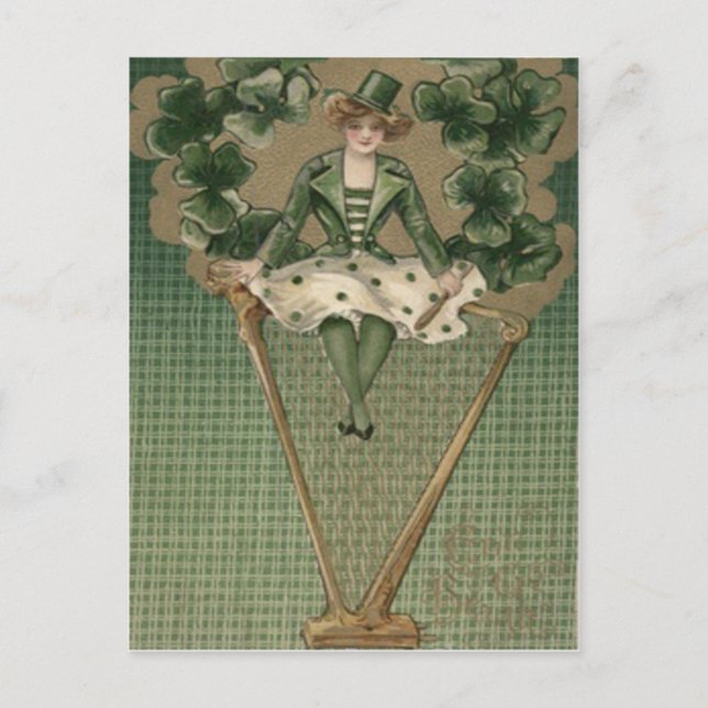 Cartão Postal Mulher vitoriana Harp Shamrock Green Top Hat (Frente)