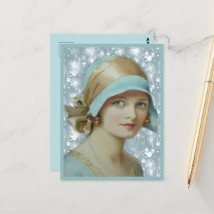 Cartão Postal Mulher vitoriana no chapéu azul claro e vestida