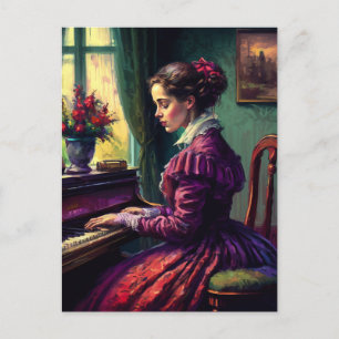 Cartão Postal Mulher vitoriana tocando piano, pintura a óleo