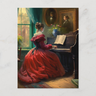 Cartão Postal Mulher vitoriana tocando piano, pintura a óleo