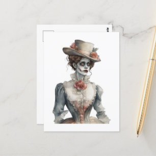 Cartão Postal Mulher Zombie Victoriana Adorável Watercolor