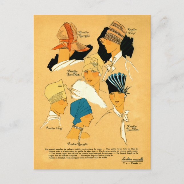 Cartão Postal mulheres 1920 francesas elegantes chapéus na moda (Frente)