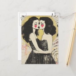 Cartão Postal Mulheres apaixonadas beijando em vestidos pretos