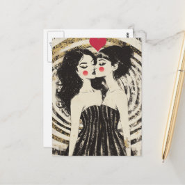 Cartão Postal Mulheres Apaixonadas Beijando-se com Vestidos Igua