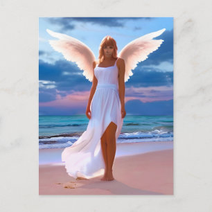 Cartão Postal Mulheres Bonitas com Asas de Anjo em uma Praia