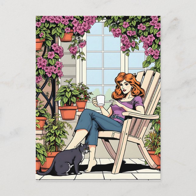 Cartão Postal Mulheres com Café, Gato e Plantas (Frente)