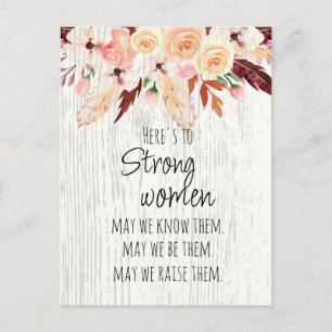 Cartão Postal Mulheres Fortes Boho Rosa Floral Pena Efeito Madei