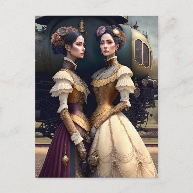 Cartão Postal Mulheres na Estação de Comboio Vitoriana Steampunk (Frente)