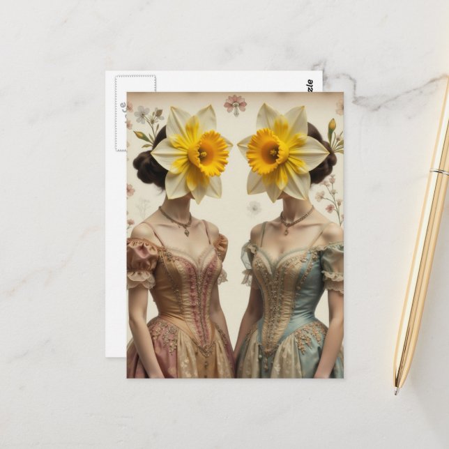 Cartão Postal Mulheres Retro Com Cabeças de Narciso (Frente/Verso In Situ)