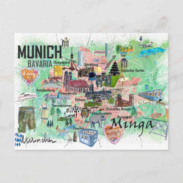 Cartão Postal Munique Bavaria Alemanha - Mapa ilustrado de Viage (Frente)